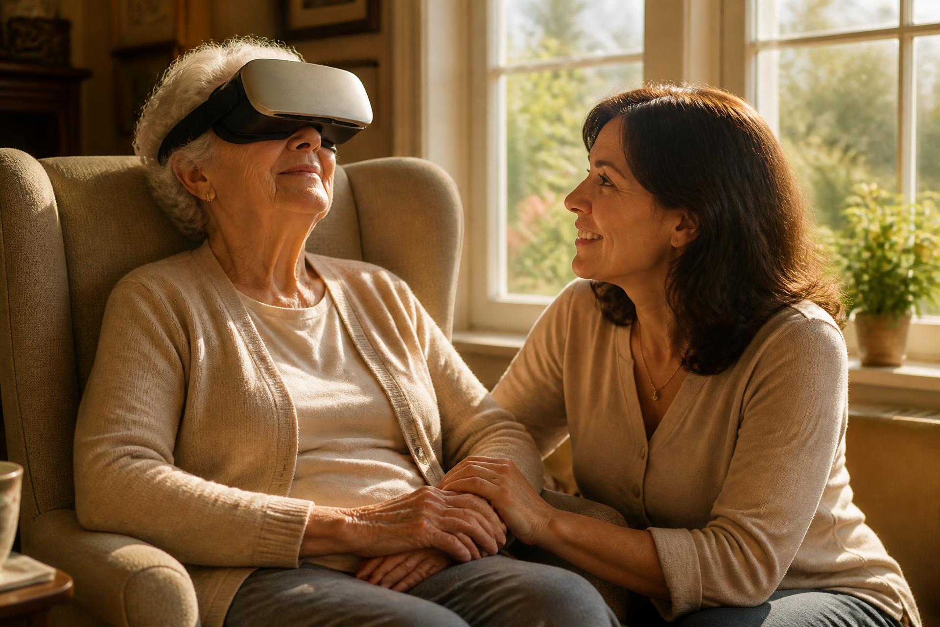 An older woman resting in a sunlit chair wearing a VR headset while her daughter sits beside her holding her hand